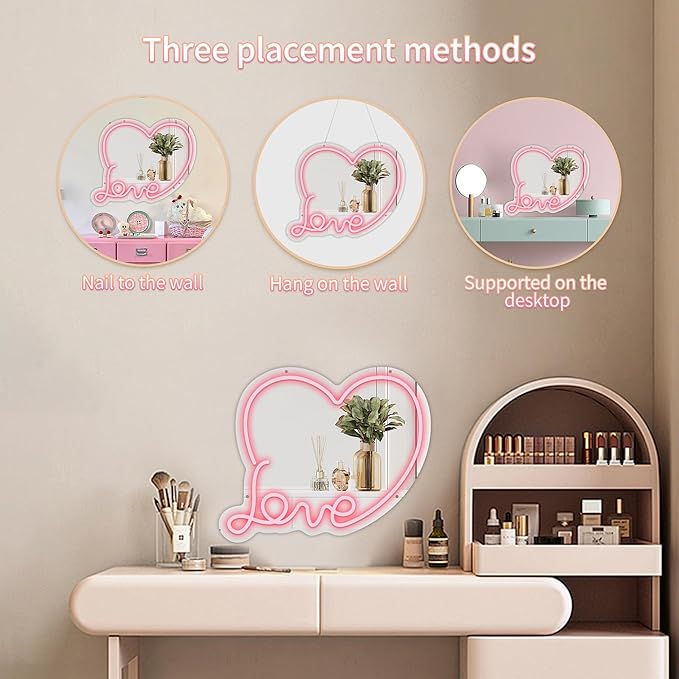 Anime Love Neon Mirror, Cute Makeup Mirror with Led Light, Dimmable Neon Sign for Teen Girls, Decor for Girls Room
