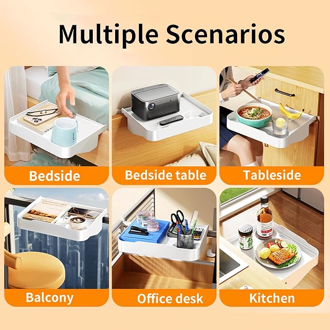 Bedside Caddy for Dorm Bed - Clip On Nightstand with Cup Holder, Floating Bed Side Table Tray Storage,College Dorm Room and Kids Room Essentials,Blending Decor and Storage （White）
