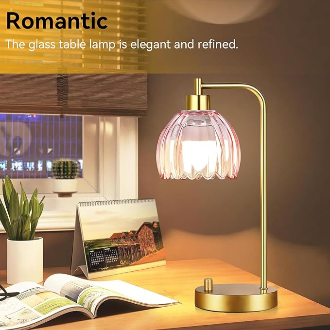 Pink Table Lamp Set of 2,Small Gold Bedside Lamps Dimmable Boho Bedroom Lamp with Tulip Flower Glass Lamp Shade,Vintage Mid Century Modern Mini Nightstand Lamp for Kids Bedroom Living Room