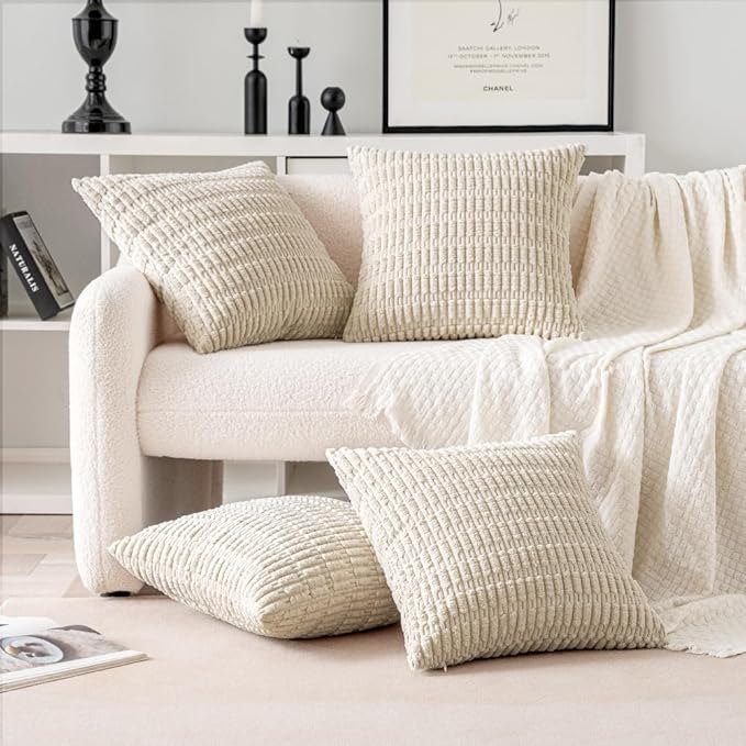 MIULEE Pack of 4 Cream White Corduroy Decorative Throw Pillow Covers 22x22 Inch Soft Boho Striped Pillow Covers Modern Farmhouse Home Decor for Sofa Living Room Couch Bed