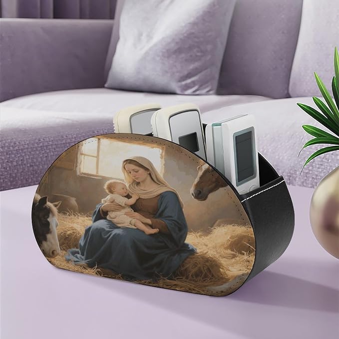 Virgin Mother Mary Remote Control Holder Organizer Box with 5 Compartment PU Leather Bedside Storage Caddy Remote Organizer for Controller Media Player Pen/Pencil Storage