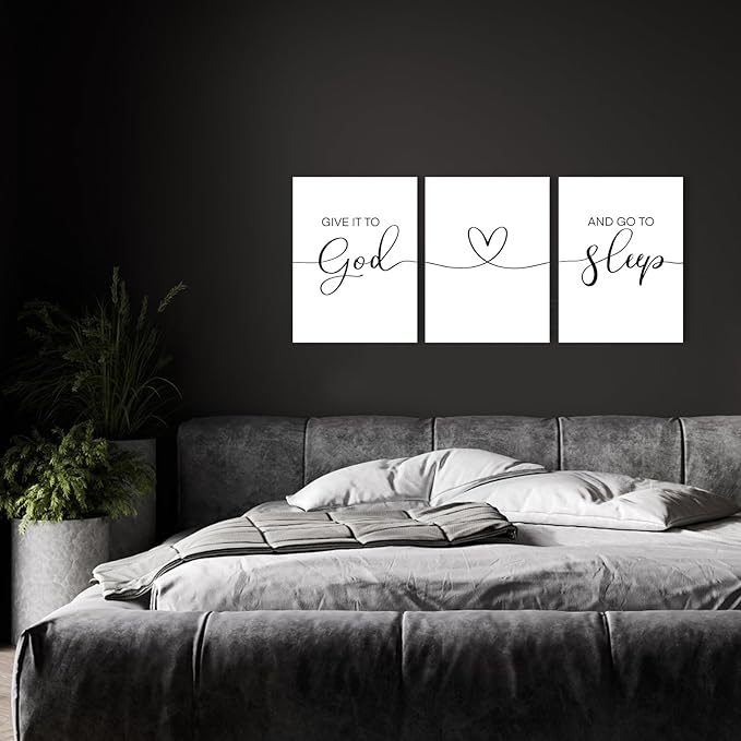 Give It To God And Go To Sleep Wall Art: Modern Farmhouse Bedroom Signs Decor for Couples,Aesthetic Minimalist Bedroom Pictures Wall Decor Above Bed Hanging Wall Plaques 12x16 Inch,Set of 3