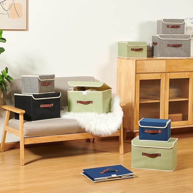 2PCS Storage Boxes with Lid Cotton Linen Fabric Storage Bins Organizer Container Decorative Collapsible Washable Shelf Closet Baskets Faux Leather Handles Home Bedroom (Black, Large Size)