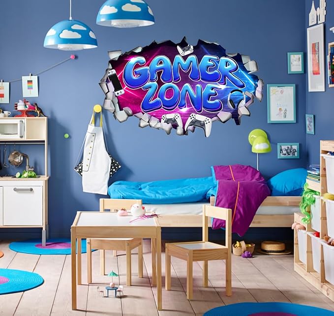 Large 3D Gamer Zone Wall Decals (20.7”x34.6”), Video Gaming Vinyl Wall Stickers for Game Lover, Removable Video Game Artwork for Boys Playroom Bedroom Decor