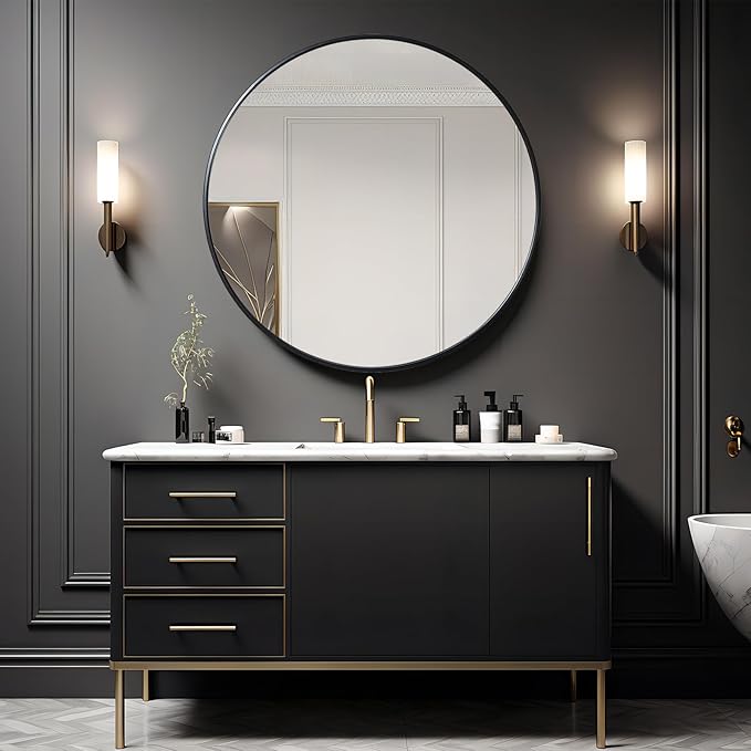 Growsun 48 inch Large Round Mirror, Bathroom Mirror for Wall, Metal Frame Round Mirror for Fireplace Living Room Wall Decor, Black Frame