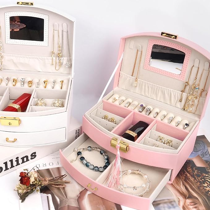 Jewelry Box Organizer, PU Leather Double Layer Jewelry Organizer with Drawer and Mirror, Lockable Jewelry Storage Organizer for Rings Earrings Necklaces, Portable Jewelry Box for Home and Travel
