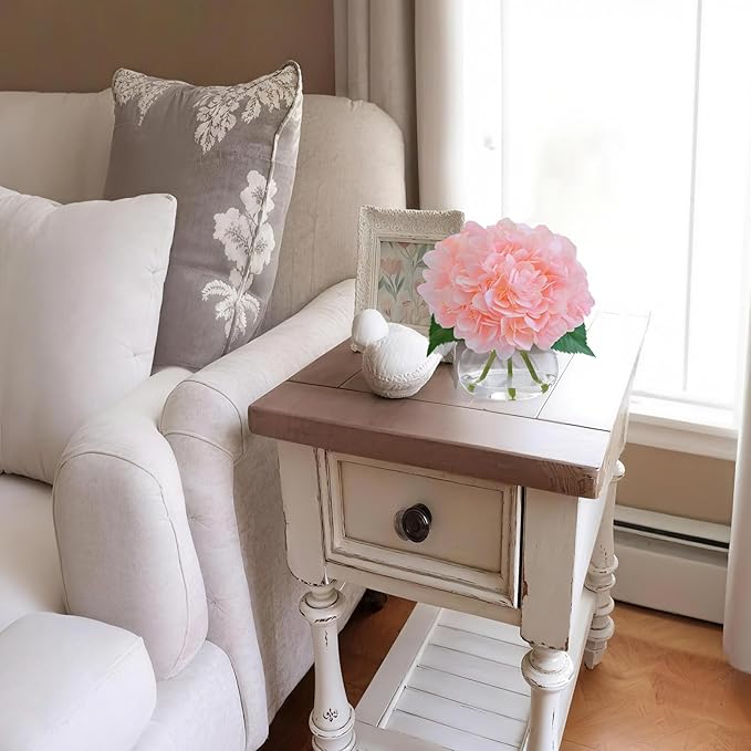 Hydrangea Artificial Flowers in Vase, White Silk Fake Flowers Silk Centerpiece Table Decorations for Dining Room， Coffee Table Decor，Wedding, Home with Faux Water Decor (New Pink)