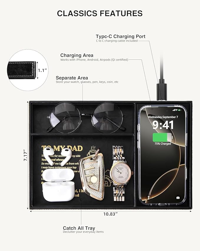 TopMade Wireless Charger Valet Tray, Father's Day Birthday Gifts for Dad, PU Leather Mens Jewelry Box for Iphone Charger, Desk Nightstand Organizer Charging Station Drawer Dresser Organizer(Black)