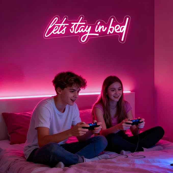 Let's Stay in Bed Neon Sign,Let's Stay in Bed Led Signs Wall Decor for Bedroom,Above Bed Wall Decor,Pink led Neon Sign for Family Couple Girls Bedroom Dedside Wall Decoration