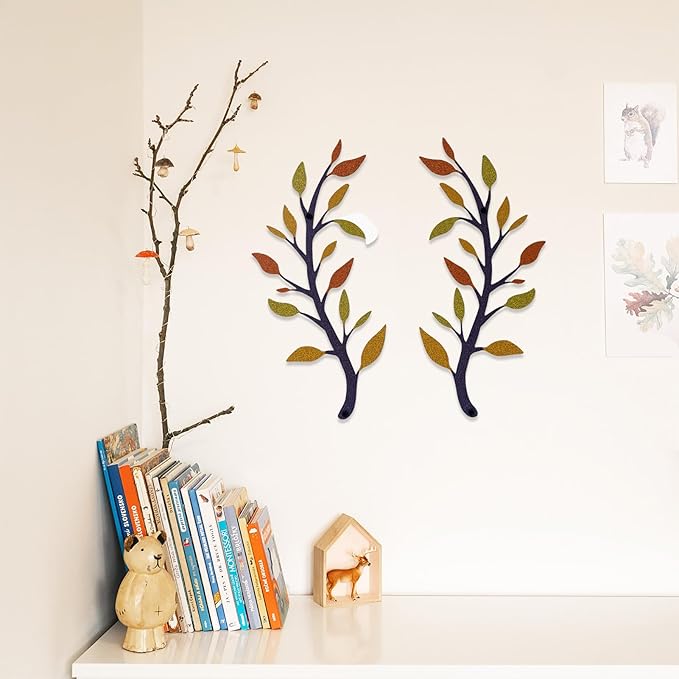 Yuzhuo 2 Pieces Metal Tree Leaf Wall Decor Branch Leaf Wall Art for Home Bedroom Living Room Iron Scroll Above The Bed Decorations (Yellow Orange, L)
