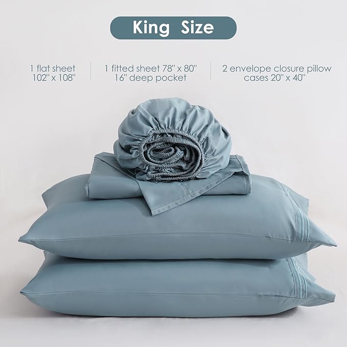 JSD Blue King Sheet Set with Side Pocket Corner Straps, 4 Piece Soft Microfiber Bed Sheets Extra Deep Pocket