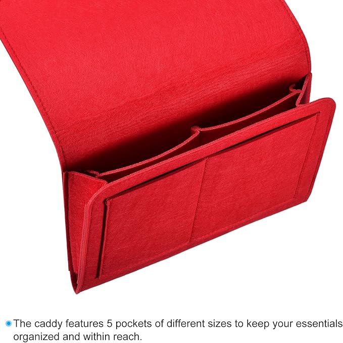 PATIKIL 11in Bedside Caddy, Bed Caddy Bedside Organizer Hanging Soft Felt 5 Pockets Bed Pockets Bedside Storage Organizer Remote Control Holder for Bedroom Phones Glasses, Red