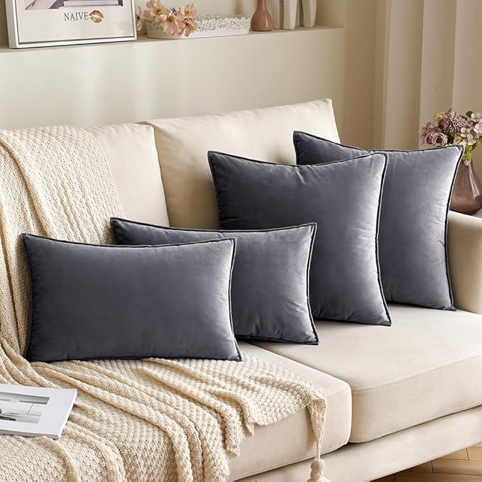 MIULEE Dark Grey Velvet Throw Pillow Covers 24x24 Soft Decorative Solid Square Euro Sham Cushion Cases Pack of 2 Modern Luxury Home Decor for Couch, Sofa, Bedroom
