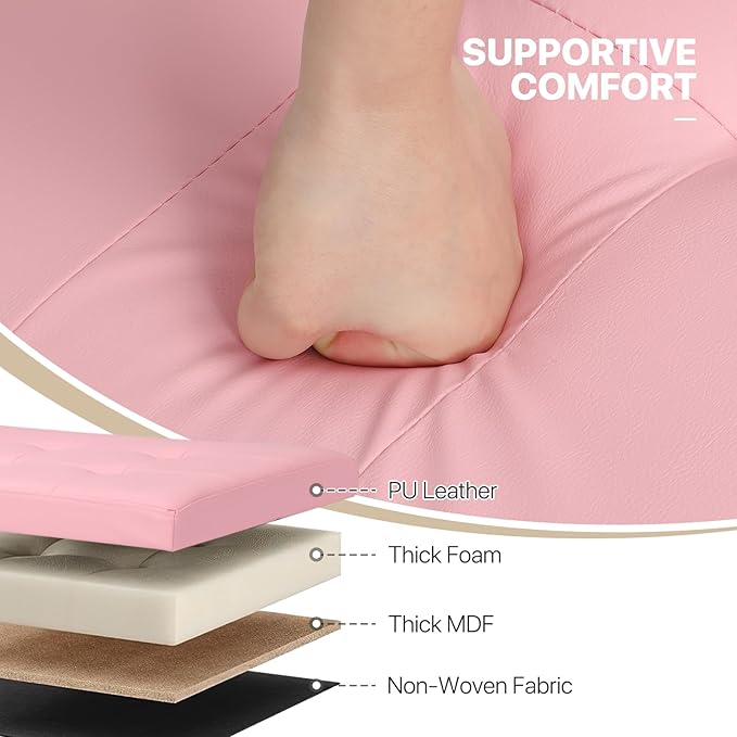 MoNiBloom 43 Inch Storage Ottoman Bench, 34 Gal. Folding Ottoman Footrest, End of Bed Bench, Rectangle Foot Stool, Supports 600 lbs, for Bedroom, Living Room, Entryway, Hallway, Light Pink