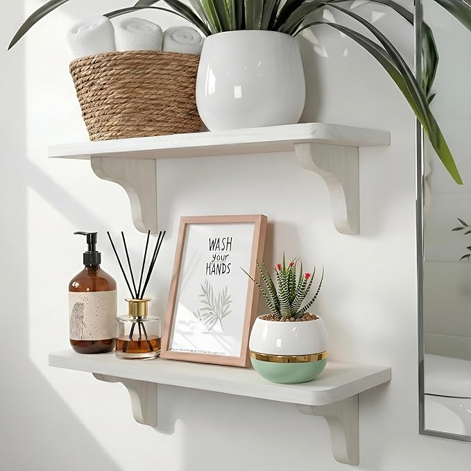 Real Wood White Wall Shelves for Bathroom - 17 inch (2 Pack) - Easy to Install, Template and Video Included - Long Wall Mounted Shelves for Office, Living Room, Bedroom, Kid's Room, and Kitchen