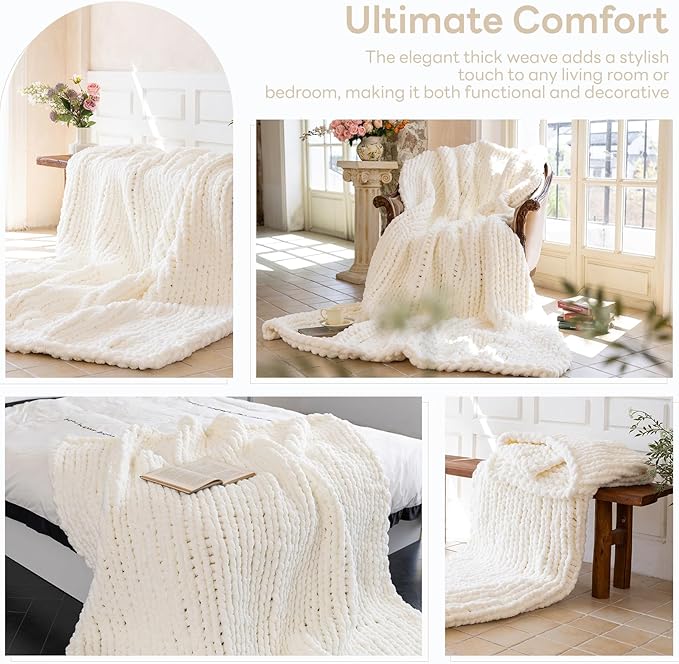 Chunky Knit Blanket - Luxury Soft Cozy 50 * 60 Throw Blanket,100% Woven Blanket Rope Knot Throw Blanket for Couch, Sofa, Home Decor, Gift - Machine Washable (Ivory White, 50 * 60)