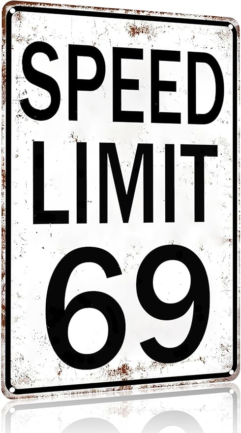 Boys Gifts Retro Tin Sign Speed Limit 69 Sign for Boys Room Man Cave Garage Cars Themed Room Bedroom Vintage Style Wall Art Decor 8 x 12 Inch (3296)