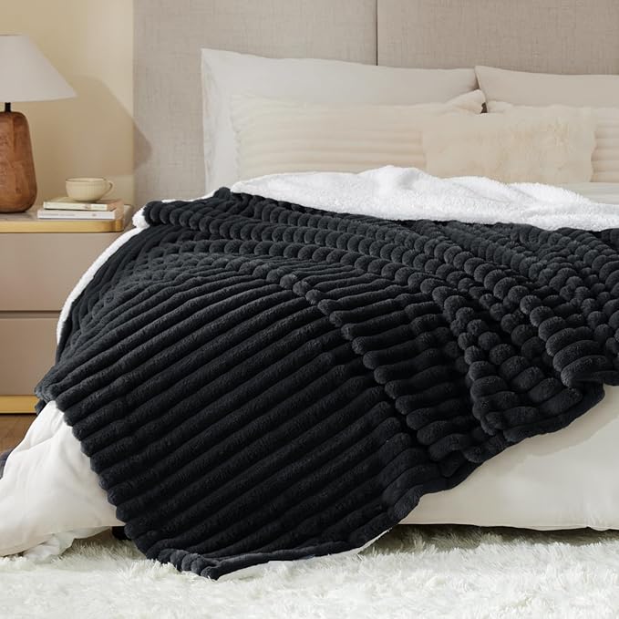 INFIIXSO Sherpa Fleece King Size Blanket - Super Soft & Warm Striped Fleece Blanket, Cozy Plush Fluffy Large Bed Blanket All Season Use (Black, 104x90 Inches)