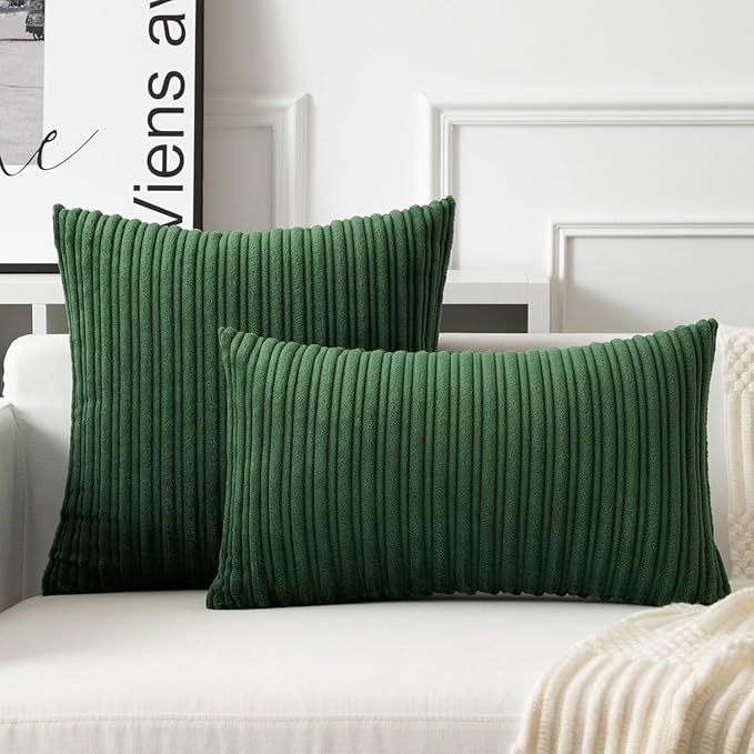 UGASA 14x24 Inch Christmas Pillow Cover Pack of 1 Soft Boho Stripe Corduroy Long Rectangle Lumbar Cushion Case Farmhouse Decorative Pilowcase for Bed Couch Sofa Bedroom, Christmas Green