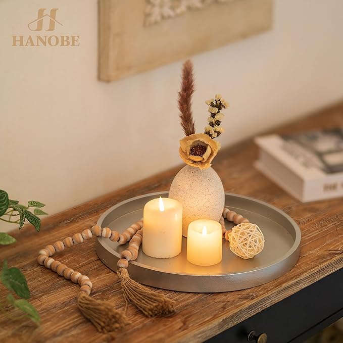 Hanobe Candle Plate Holder Tray: Champagne Sliver Round Wood Candle Plate Decorative Centerpiece Small Tealight Pillar Trays for Living Room Dining Coffee Table Home Decor