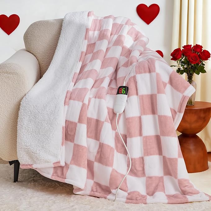 Light Pink Heated Blanket Electric Throw, 50X60 Heating Blanket with 10 Heat Levels & 8 Hours Auto Off for Lap, Checkered Plaid Soft Sherpa Blankets for Mom Grandma Women Couch