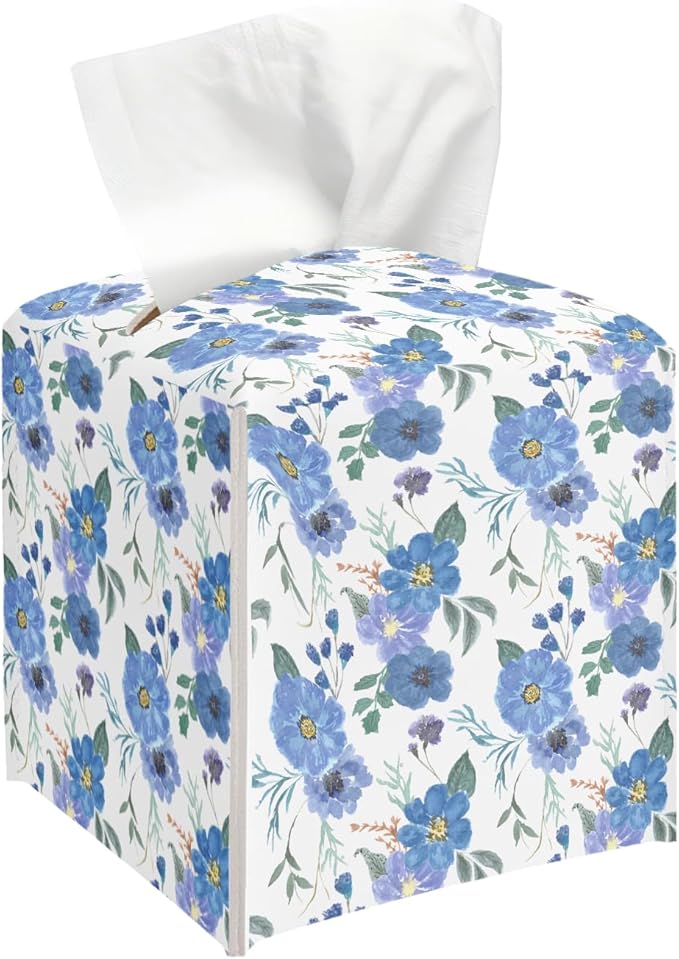 Blue Flowers Tissue Box Cover, Blue Floral Tissue Holder Square with Bottom Belt for Home Bathroom Office Vanity Countertop, Housewarming Gifts Ideas for Women Friends Mom Bestie -05