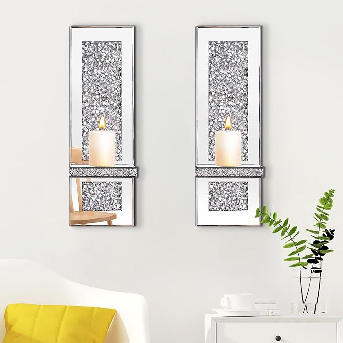 Crystal Crushed Diamond Mirrored Candle Sconces Set of 2 Silver Glass Wall Candle Holder Bling Wall Decorations for Home Decor Living Room Dining Room Bedroom