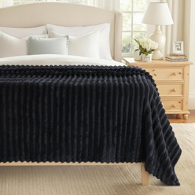 decorUhome Soft Fleece Black Blanket Queen Size for Bed, Cozy Fluffy Plush Flannel Large Striped Throws for Couch Sofa, Lightweight Decorative Fuzzy Blanket for Woman, 90x90 Inches