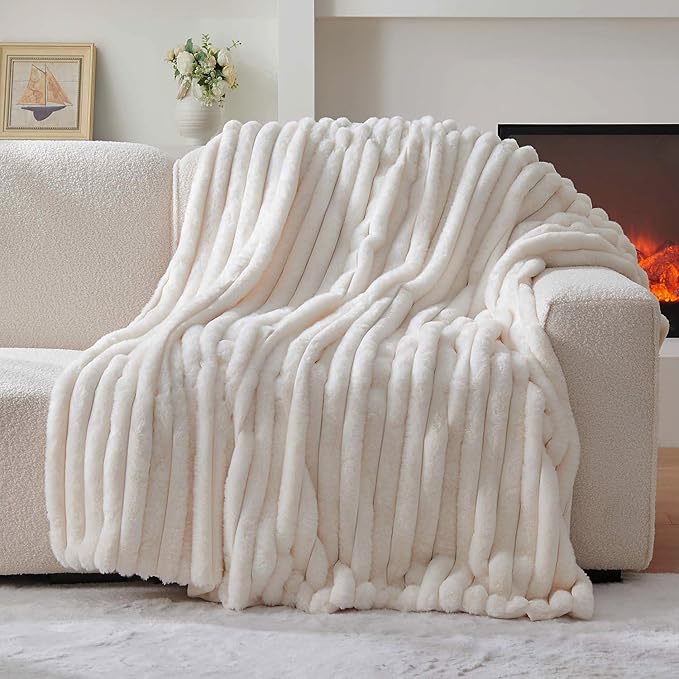 Lotus Karen Blanket for Bed Queen Size, Cozy Soft Fluffy Fuzzy Cream White Blanket, Striped Warm Thick Furry Plush Shaggy Large Blankets for Women, 90x90 Inches