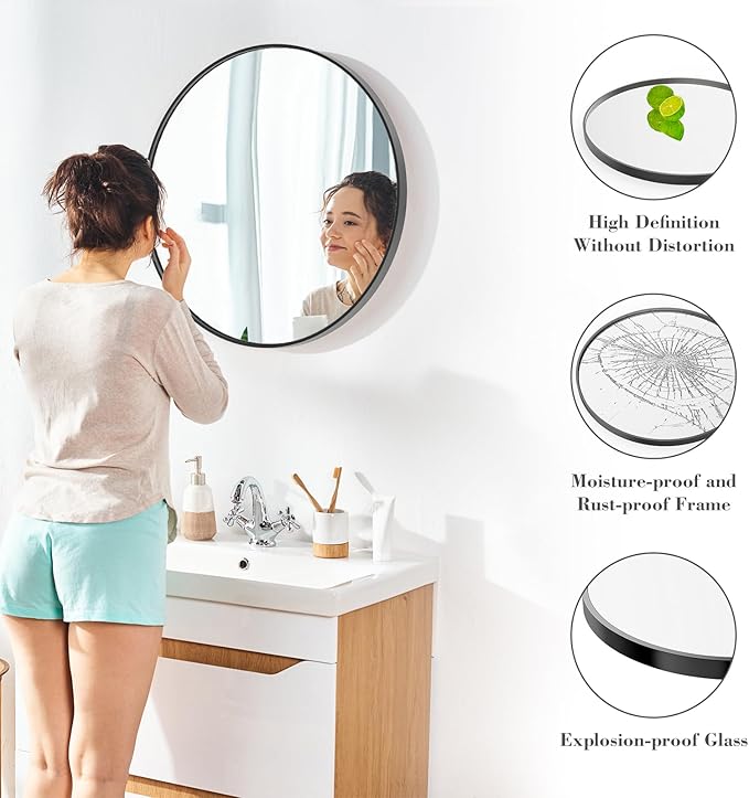 Sweetcrispy 30-inch Black Round Wall Mirror, Circle Bathroom Mirrors with Metal Frame, Wall-Mounted Mirrors for Living Room, Bathroom, Entryway