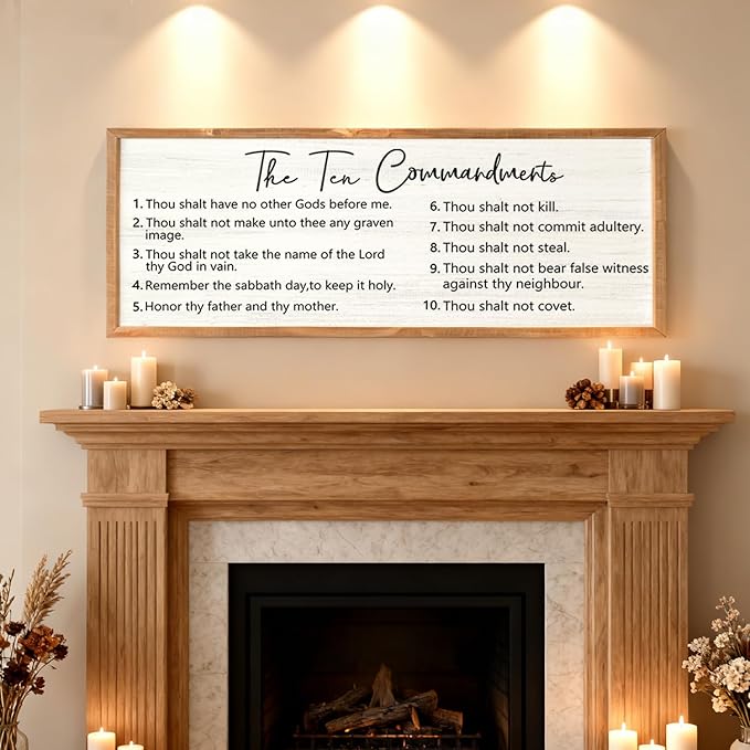 The Ten Commandments Wall Decor, 40x15 inch Rustic Bible Verse Wall Art, Christian Religious Scripture Print, Farmhouse Style Framed Wall Hanging Christian Gifts for Family Home, Natural