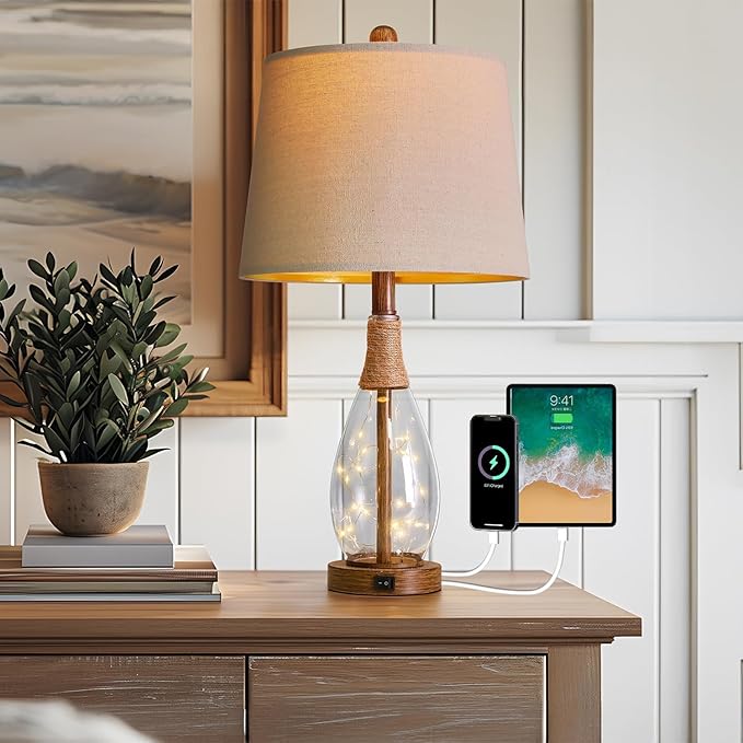 OYEARS 23" USB A+C Table Lamps Set of 2 for Bedroom Living Room Modern Bedside Lamps Retro Farmhouse Rattan Glass Nightstand Nightlight Lamps,Two Light Points