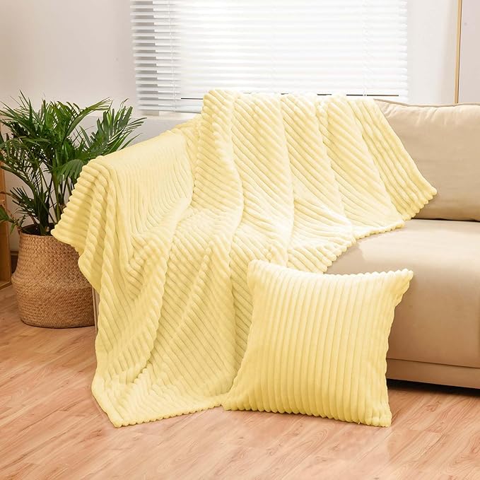 Bnuitland Light Yellow Flannel Throw (50X71 inches) with Pillow Cover(18×18"),300GSM Super Soft Fleece Stripe Pattern Sofa Blanket, Lightweight Cozy Bed Throw for Home Decor All Season