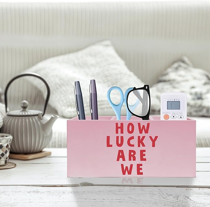 Pink Positive Quotes Makeup Brush Holder, Pink Preppy Toothbrush Holders for Girls Bathroom, How Lucky Are We Pen Holder Organizer for Dorm Bedroom Desk Accessories