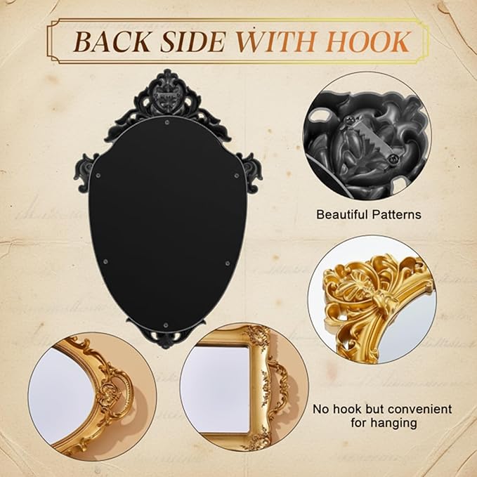 4 Pcs Vintage Gold Mirrors Set Including Small Oval Wall Mirror Antique Shield Shape Square Decorative Mirror Dresser Mirrored Tray for Bedroom Wedding Victorian Decor (Classic,Gold)