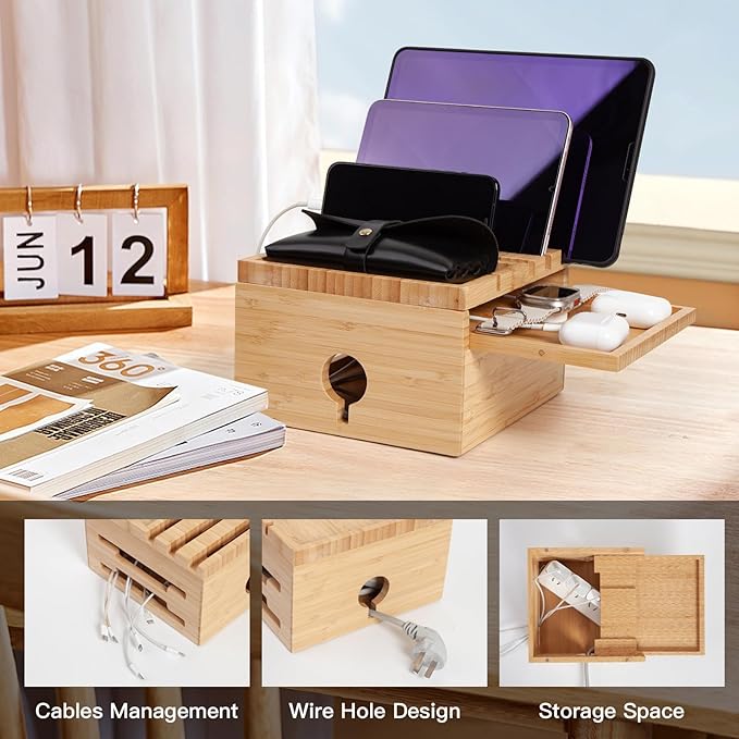 Bamboo Charging Station for Multiple Devices, Nightstand Docking Station with Small Tray, Desktop Wood Charger Organizer, Compatible with Cell Phone, Tablet, Earphones (No Cables)