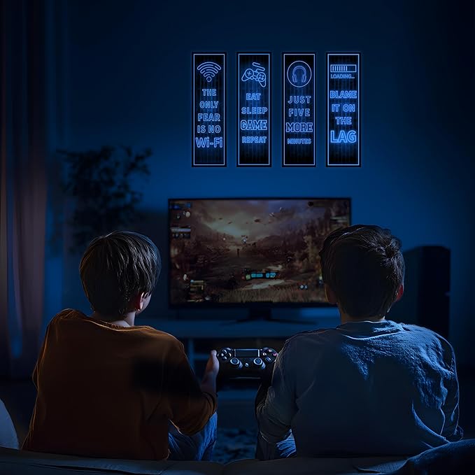 Eat Sleep Game Wall Decals Glow in The Dark, Gamer Controller Stickers Decor for Boy Bedroom, Joystick Video Gaming Kids Playroom Nursery Decoration (Blue)