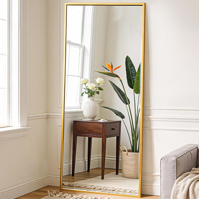 NEWBULIG Full Length Mirror 71.1"x25" for Bedroom, Full Body Mirror with Stand, Hanging or Leaning for Wall, Aluminum Alloy Thin Frame Floor Standing for Living Room, Long, Classical Gold