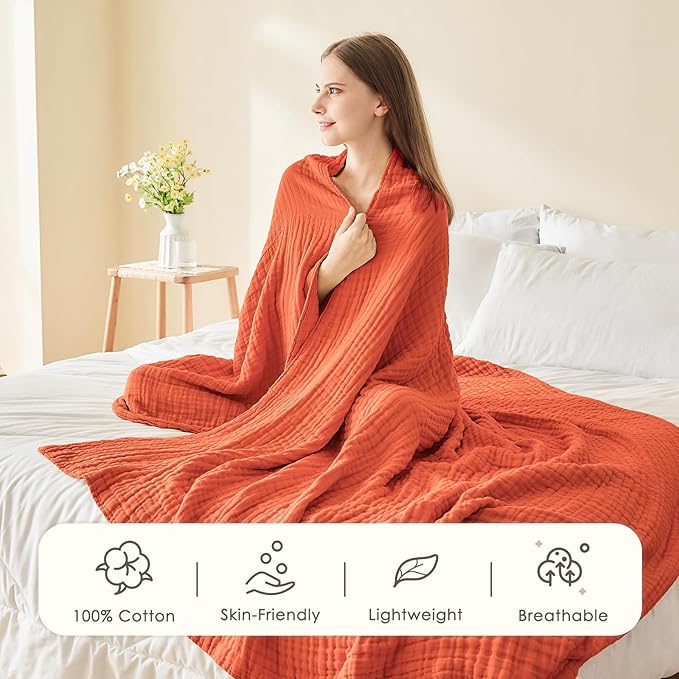 EMME Cotton Muslin King Blanket Bed Layering Bedspread Coverlet Breathable Gauze Soft Lightweight (Heather Orange Rust, 108"x90")