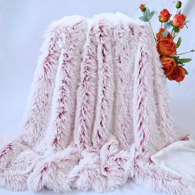 Plush Super Soft Blanket Bedding Sofa Cover Furry Fuzzy Fur Warm Throw Qulit Cozy Couch Blanket for Winter (63"x79",Wine Red and White)