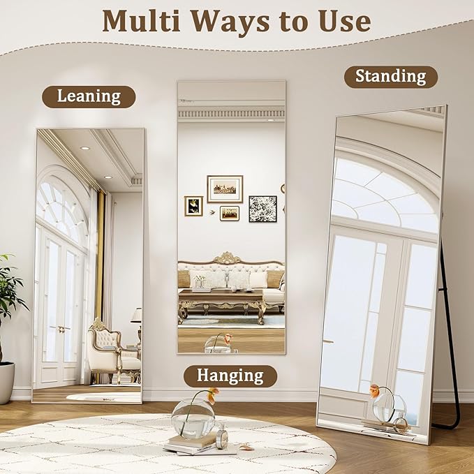56" x 21" Full Length Mirror with Stand, Standing/Leaning/Wall Mounted Full Body Floor Mirror for Bedroom, Living Room, Entryway, Cloakroom with Aluminum Alloy Frame Silver