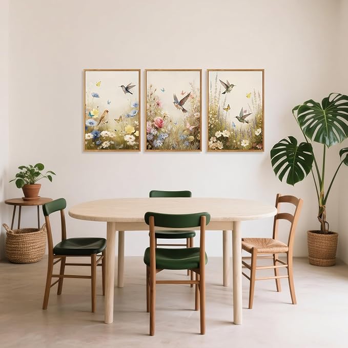 CHDITB Floral Bird Framed Canvas Wall Art Set Of 3, Vintage Garden Wall Decor, Nature Wildflower And Bird Wall Painting, Botanical Flower Art Prints For Dining Room Bedroom Decor (12X16 Inch)