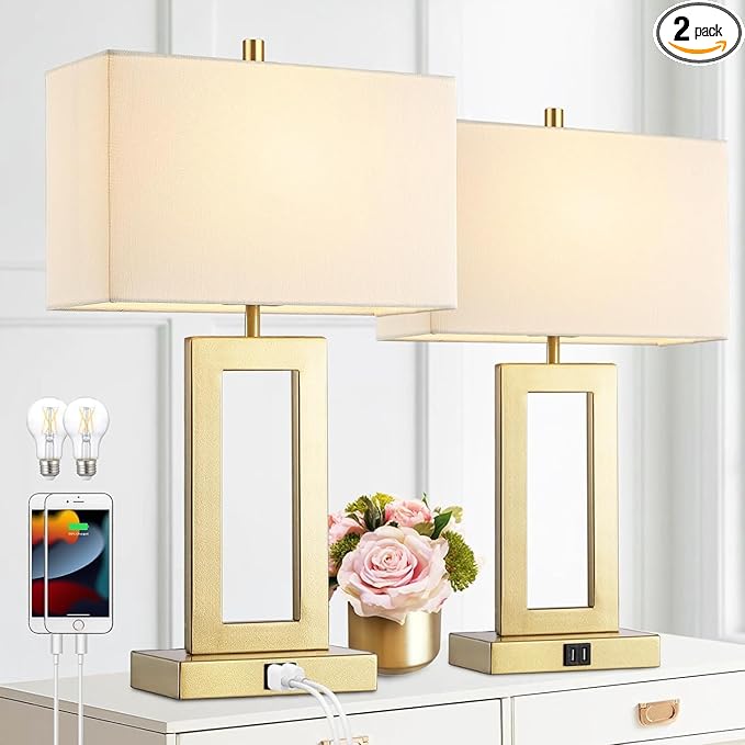 Gold Table Lamps Set of 2 with Dual USB Ports,3-Way Dimmable Touch Control Bedside Lamps,22inch Tall Modern Bedroom Table Lamp for Living Room,Nightstand LED Bulbs Included