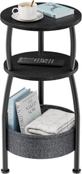 Small Round Side Table for Living Room with Storage Basket –Small Space Saving End Table 3-Tier Accent Nightstand Couch Corner Table for Sofa, Bedroom, Patio and More 24in Tall Classic Black