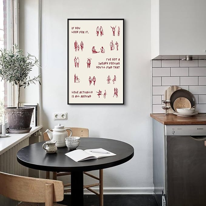 Beige and Red Canvas Wall Art, Love Actually Is All Around Warming Quote Poster, Neutral Hues Tiny People Walking Picture, Minimal Typography Print for Bedroom Living Room 24x36in Framed