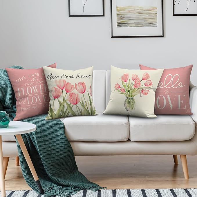 Pillow Covers 16x16 Inch Set of 4 Tulip Home Sweet Home Pink Throw Pillows Decorative Pillow Cases Hello Summer Spring Seasonal Farmhouse Decorations for Sofa Couch