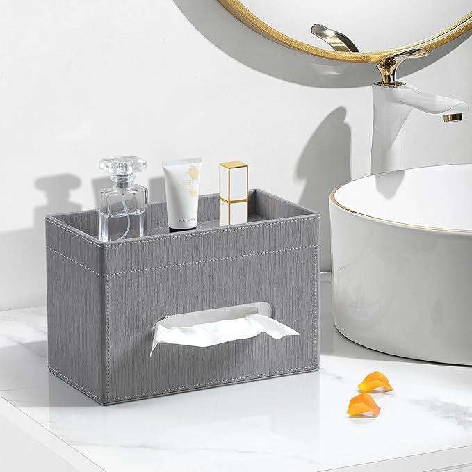 Plus Size Tissue Box Cover Rectangle, PU Leather Tissue Box Holder with Storage Tray, Decorative Organizer Tissue Holder for Bathroom, Bedroom Dresser, Night Stand, Office (Grey)
