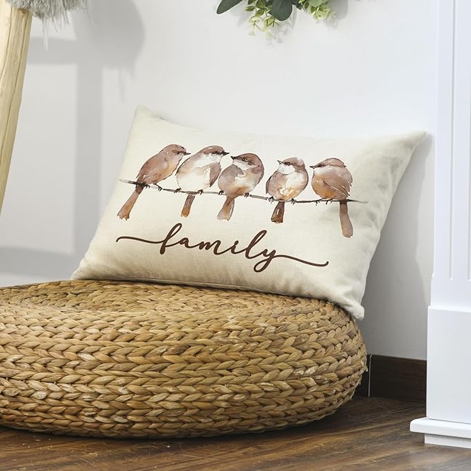 AVOIN colorlife Home Sweet Home Brownbird Family Watercolor Throw Pillow Cover, 12 x 20 Inch Fall Brown Cushion Case Decoration for Sofa Couch