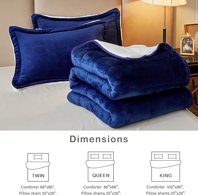 3-Layer Luxury Flannel Fleece Thick Bed Blanket Twin Size, Soft Plush Velvet Sherpa Blanket with 2 Pillow Shams Heavy Warm for Winter, Breathable n Washable, Navy Blue