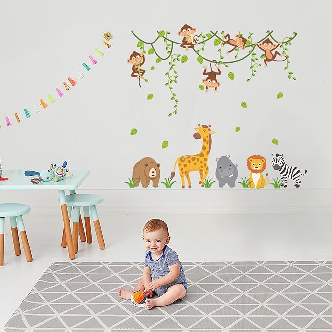 HLNIUC Jungle Themed Nursery Wall Decal 35”x24”Cartoon Safari Animals Wall Sticker Woodland Wildlife Monkey Giraffe Lion Window Cling Forest Tree Hanging Vine Room Stickers for Kids Room Bedroom Decor